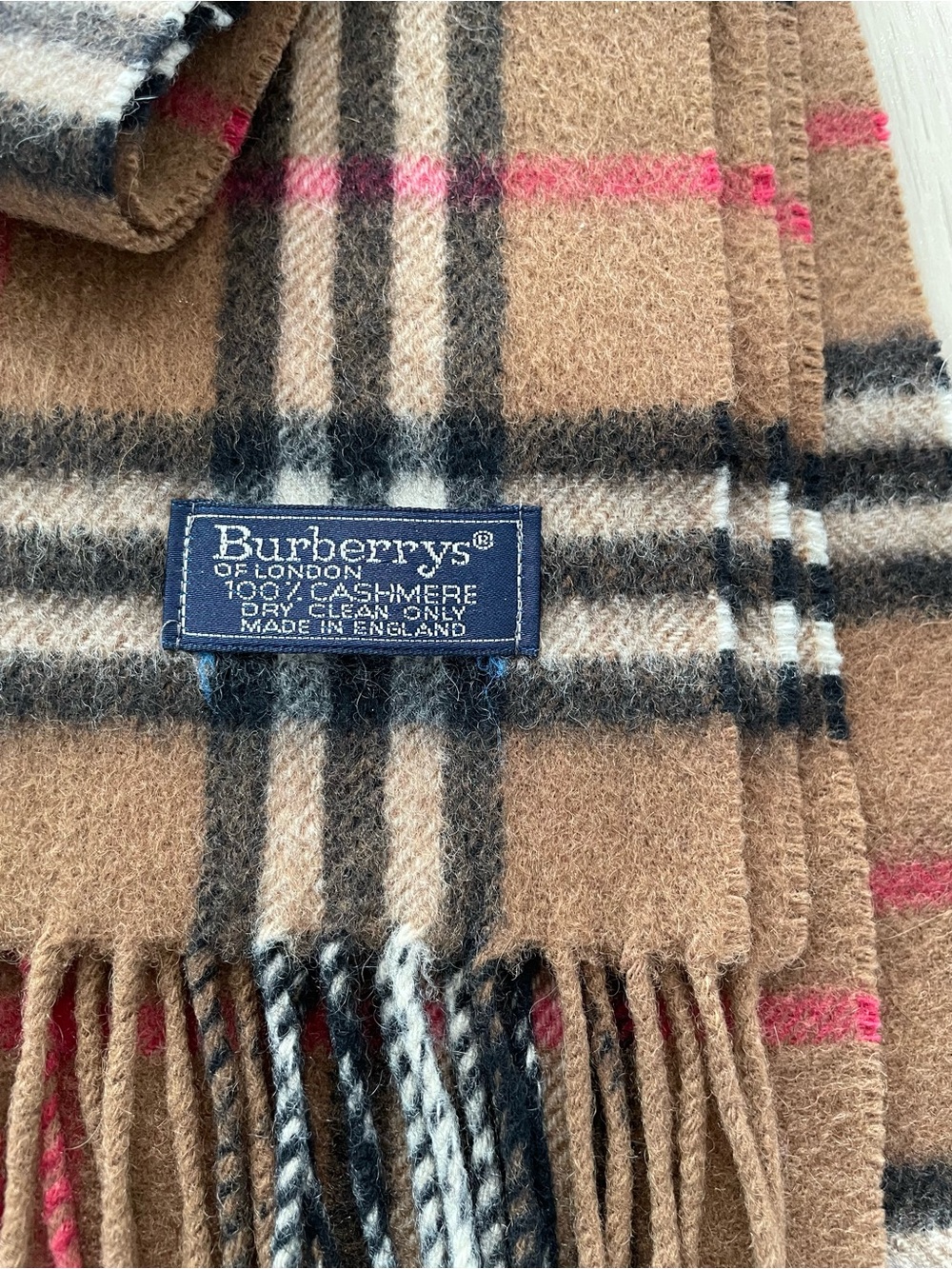 VTG Burberry Camel Cashmere Scarf Nova Check Plaid England-Flaw